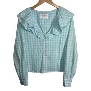 The Shirt Rochelle Behrens Top Women M Blue White Gingham Plaid Cottage Peasant